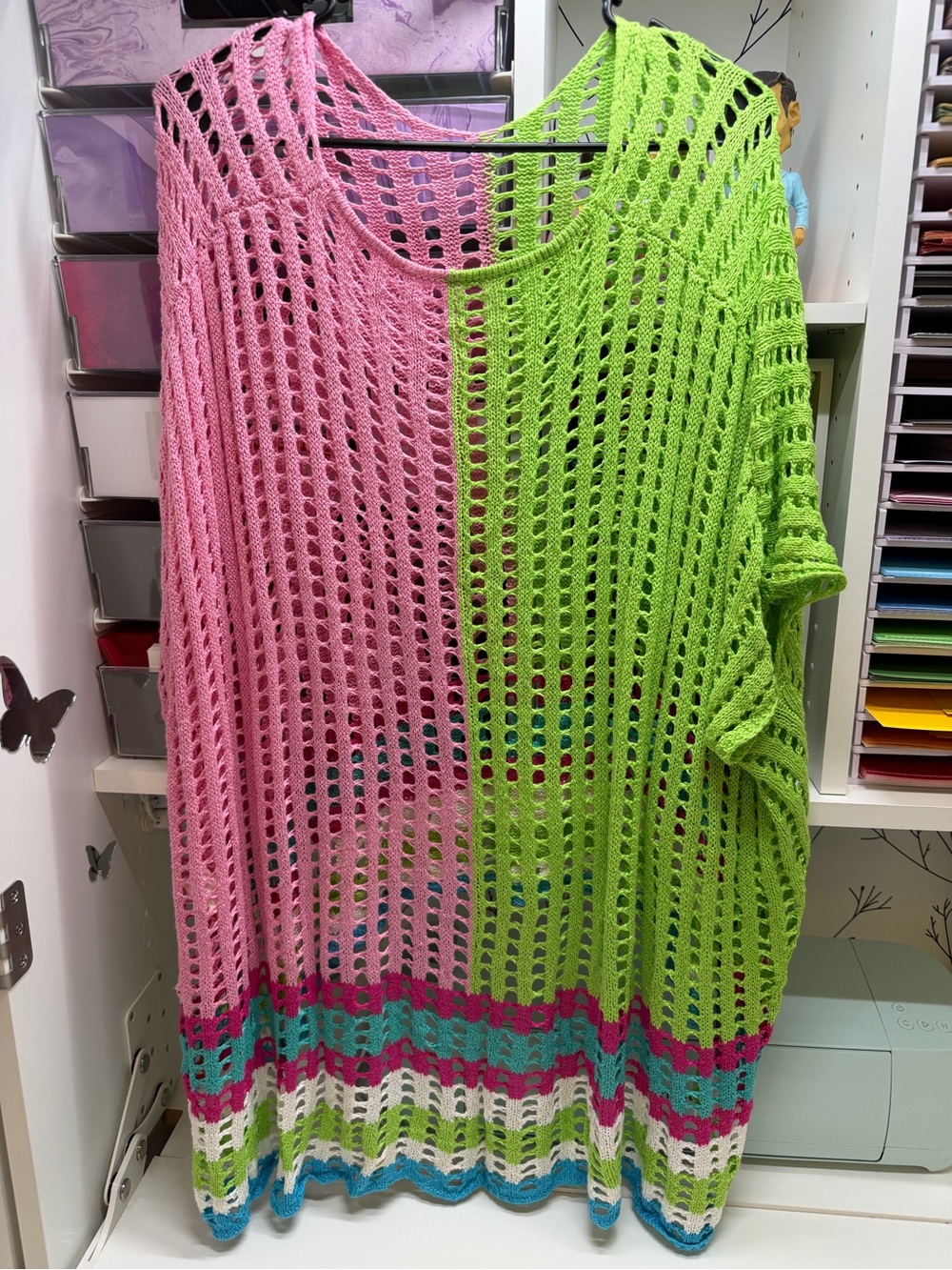 Source Unknown Pink and Green Crochet Swim Coverup